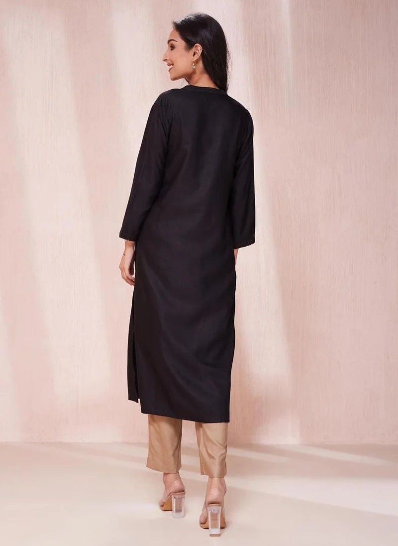 Fabindia Black Viscose Silk Calf Length Long Kurta
