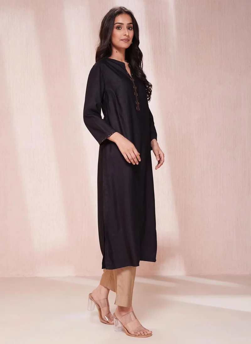 Fabindia Black Viscose Silk Calf Length Long Kurta