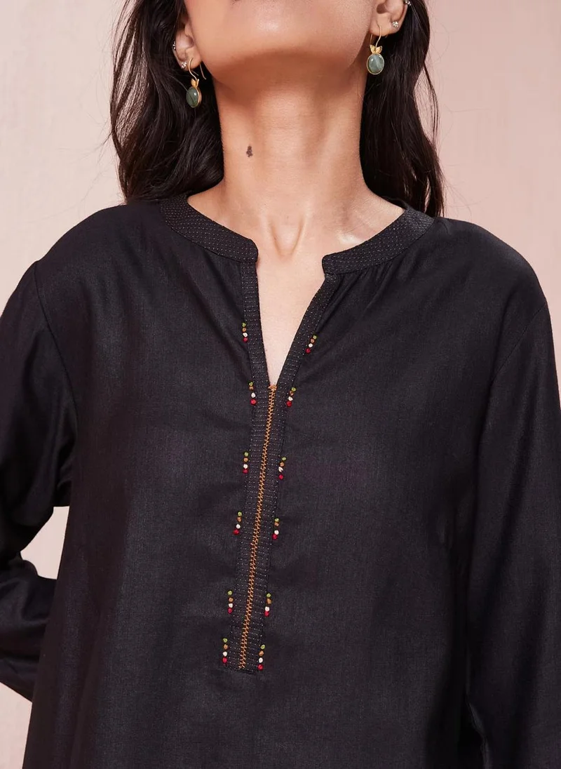 Fabindia Black Viscose Silk Calf Length Long Kurta