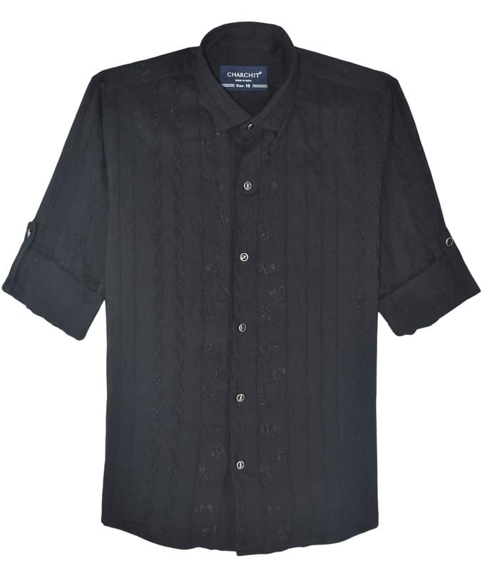 CHARCHIT Boys Full Sleeves Textured Solid Shirt and T-Shirt in Black - Image 2