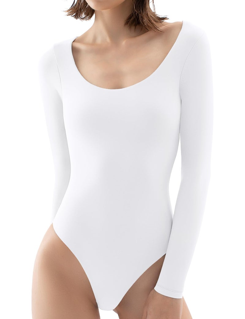 PUMIEY Bodysuit For Women Long Sleeve Tops Splashed White Small - Image 1