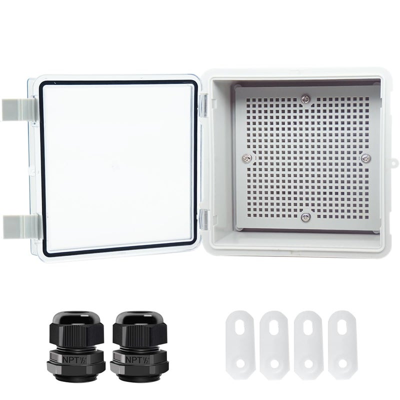 صندوق تقاطع Otdorpatio بغطاء شفاف hinged IP67 مقاوم للماء من ABS مع 2 NPT 12 غلاف كابل صندوق كهربائي مع لوحة تثبيت وحامل حائط 59 x 59 x 35 بوصة 150x150x90 مم