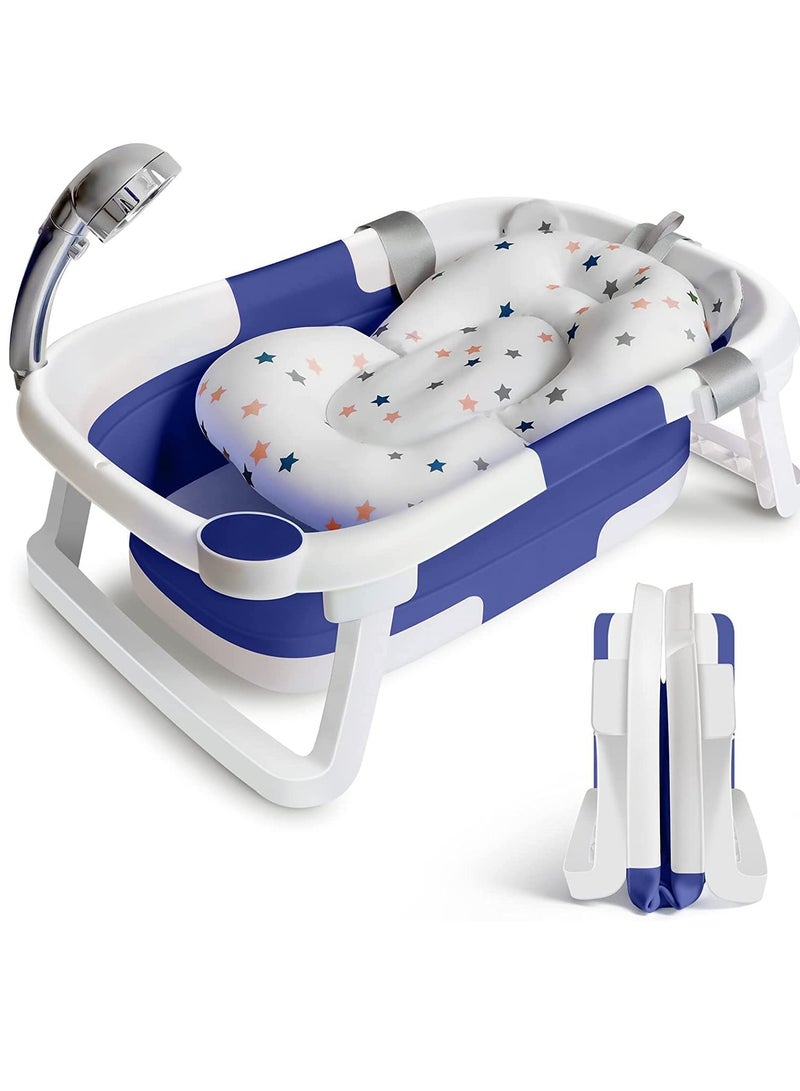 حوض استحمام للأطفال، حوض استحمام قابل للطي وقابل للطي، حوض استحمام آمن ومحمول مع وسادة وسادة وقابس مياه غير قابل للانزلاق ودعم الساق لحديثي الولادة والأطفال الرضع باللون الأزرق - Image 1