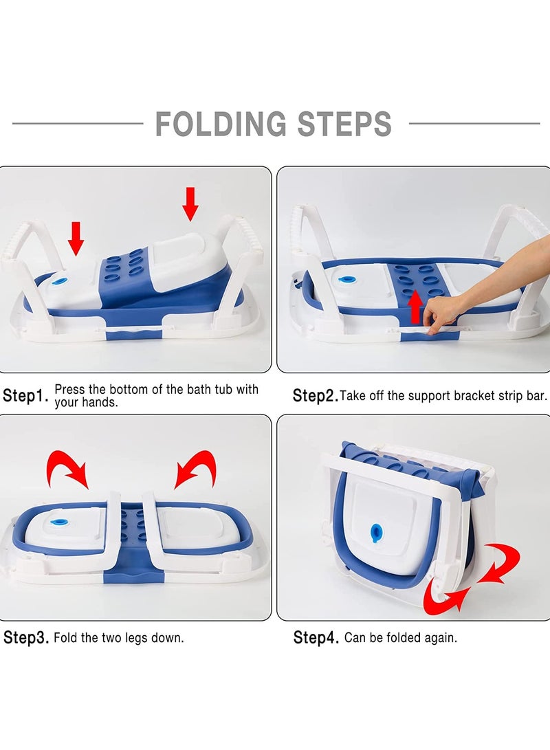حوض استحمام للأطفال، حوض استحمام قابل للطي وقابل للطي، حوض استحمام آمن ومحمول مع وسادة وسادة وقابس مياه غير قابل للانزلاق ودعم الساق لحديثي الولادة والأطفال الرضع باللون الأزرق - Image 4