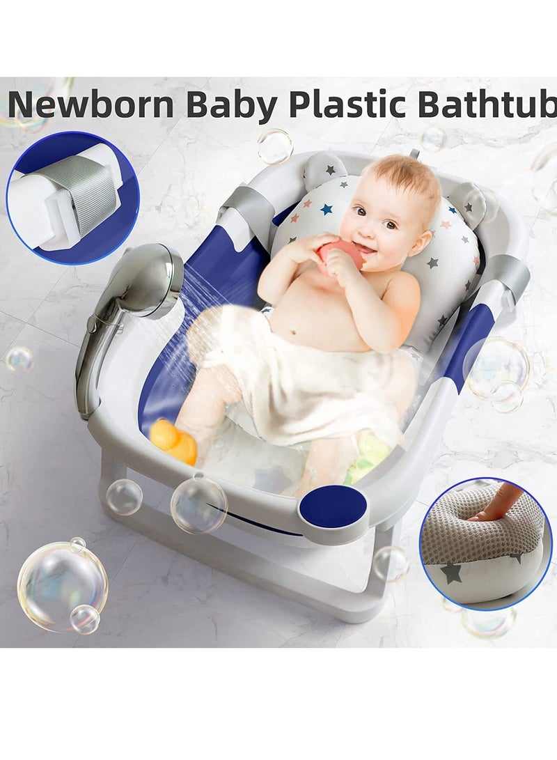 حوض استحمام للأطفال، حوض استحمام قابل للطي وقابل للطي، حوض استحمام آمن ومحمول مع وسادة وسادة وقابس مياه غير قابل للانزلاق ودعم الساق لحديثي الولادة والأطفال الرضع باللون الأزرق - Image 2