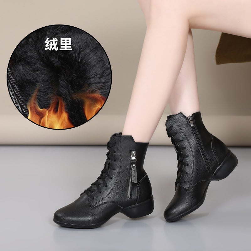 Generic Autumn and winter fleece-lined warm sailor dance short boots outdoor wear soft-soled dance shoes for middle-aged and elderly performance square dance boots Black-velvet
