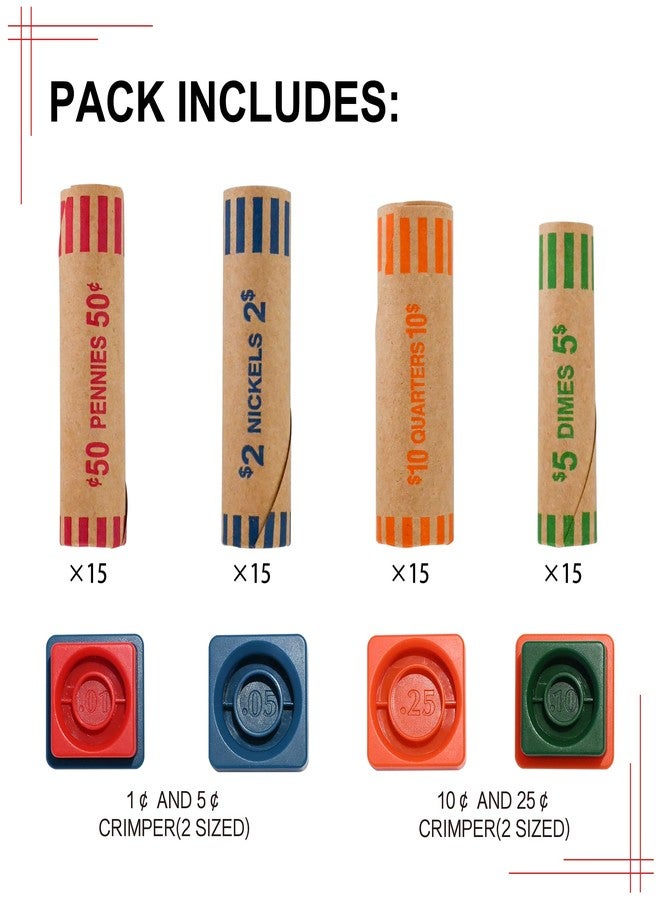 L LIKED 60 Assorted Coin Roll Wrappers with Color Coded Coin Wrapper Crimping Tool -(Quarters, Pennies, Nickels and Dimes) - Image 3