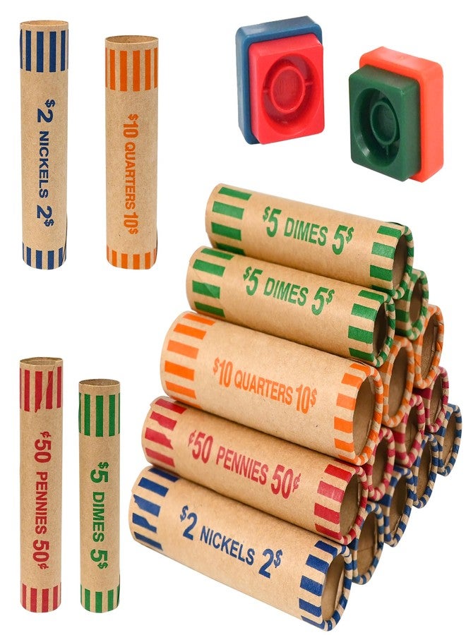 L LIKED 60 Assorted Coin Roll Wrappers with Color Coded Coin Wrapper Crimping Tool -(Quarters, Pennies, Nickels and Dimes) - Image 1