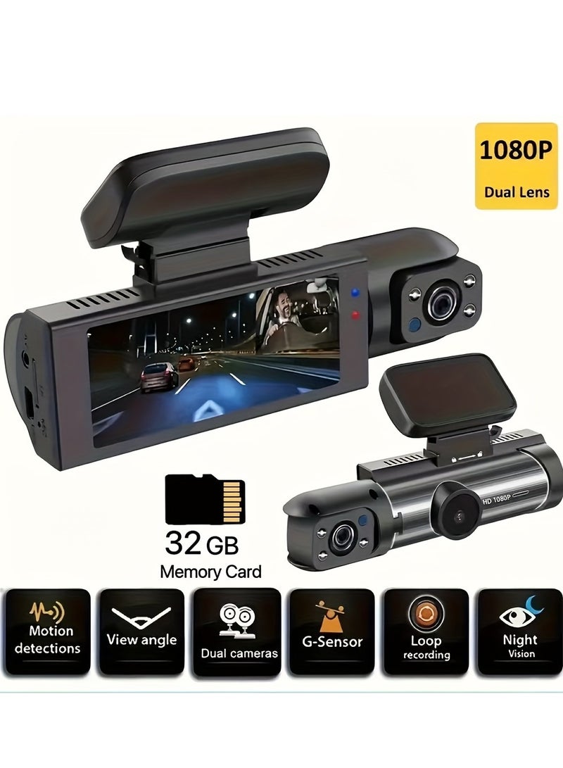 1080P Front and Inside Dual Camera Dash Cam with IR Night Vision, Loop Recording, 3.16 Inch IPS Screen - Wide Angle Car DVR Video Cam. - Image 1