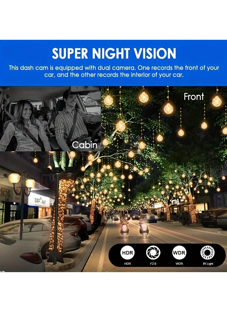 1080P Front and Inside Dual Camera Dash Cam with IR Night Vision, Loop Recording, 3.16 Inch IPS Screen - Wide Angle Car DVR Video Cam. - Image 4