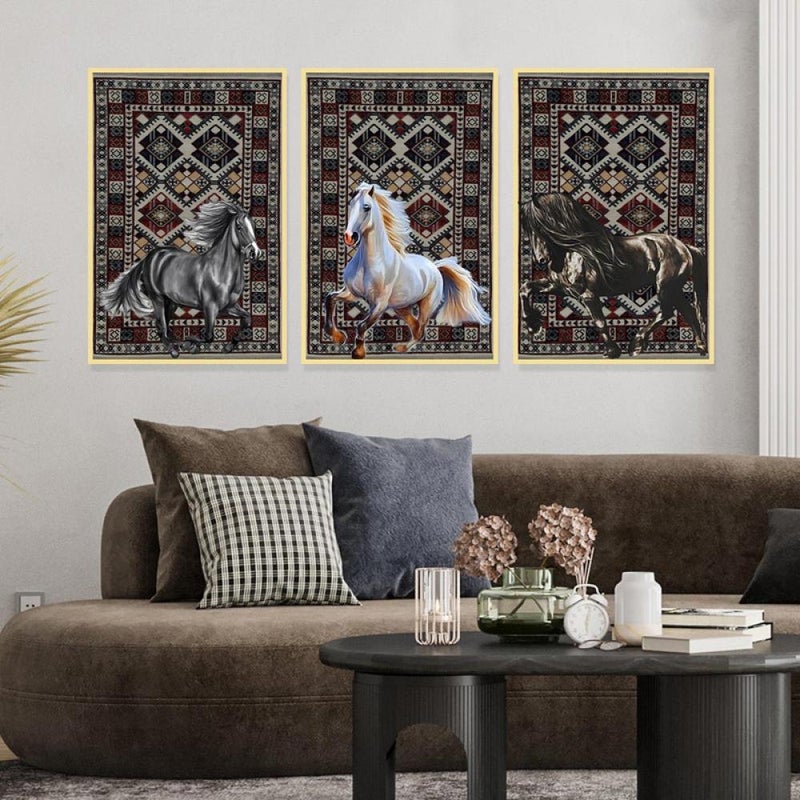Marktna Three canvas paintings with a horse design and a hollow frame, measuring (150×70), three pieces - Image 2