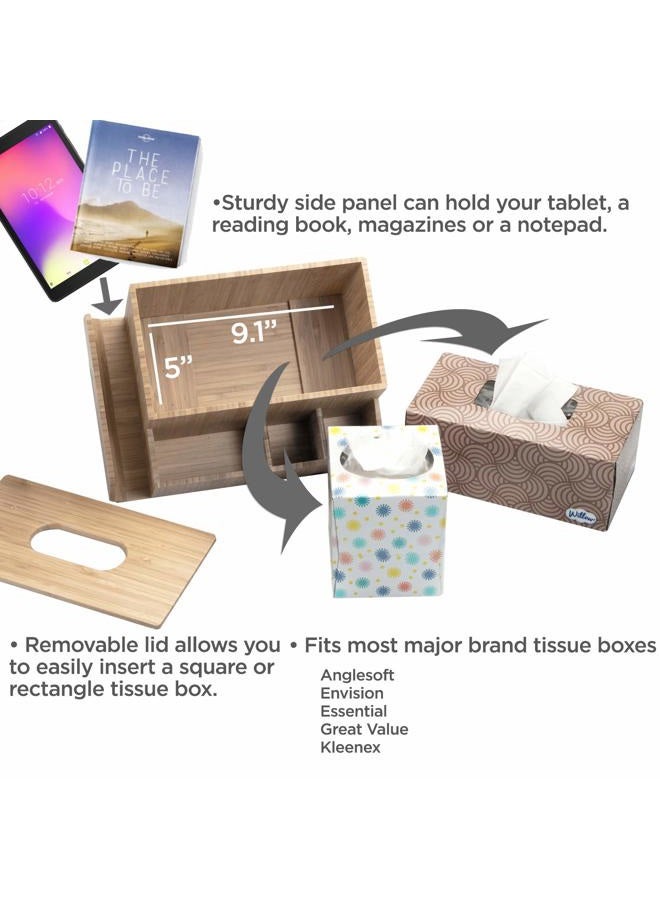 MobileVision Bamboo Tissue Box Holder & Tablet Stand Organizer for Bedroom, Bedside Organizer & Desktop; compartments hold iPad Phones Remote Controls Reading Glasses Notepads & Pens - Image 4