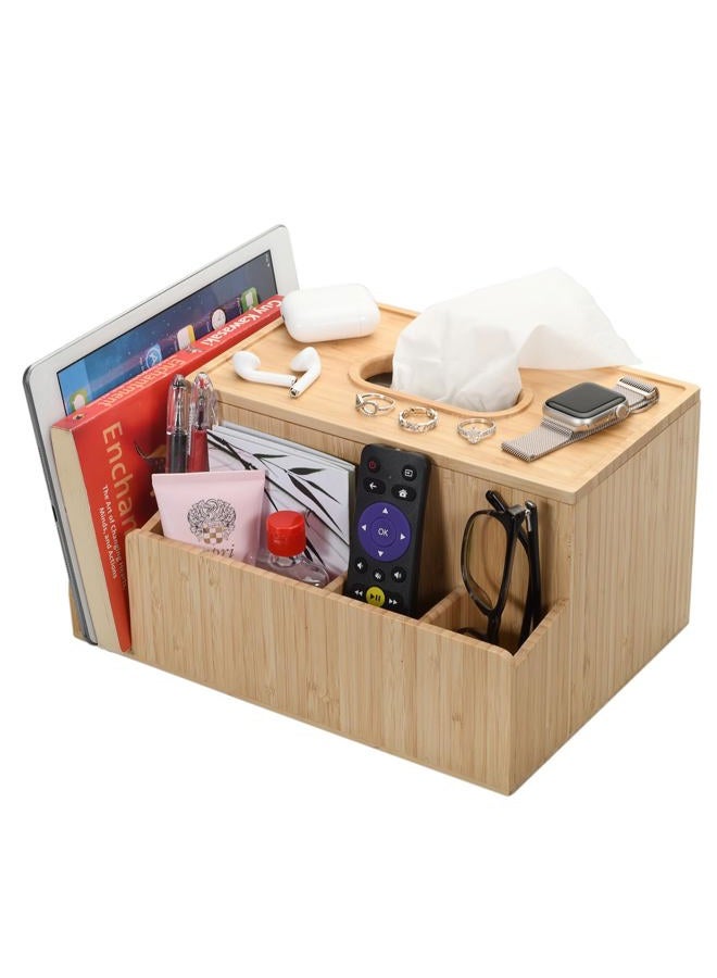 MobileVision Bamboo Tissue Box Holder & Tablet Stand Organizer for Bedroom, Bedside Organizer & Desktop; compartments hold iPad Phones Remote Controls Reading Glasses Notepads & Pens - Image 1