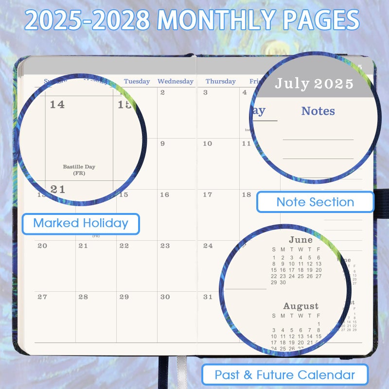 BooQool 2025-2028 Pocket Planner/Calendar - 3 Year Monthly Planner 2025-2028 from Jul. 2025 - Jun. 2028(36 Months), 3.8" x 6.3", Pen Holder, Inner Pocket and 61 Notes Pages - Image 4