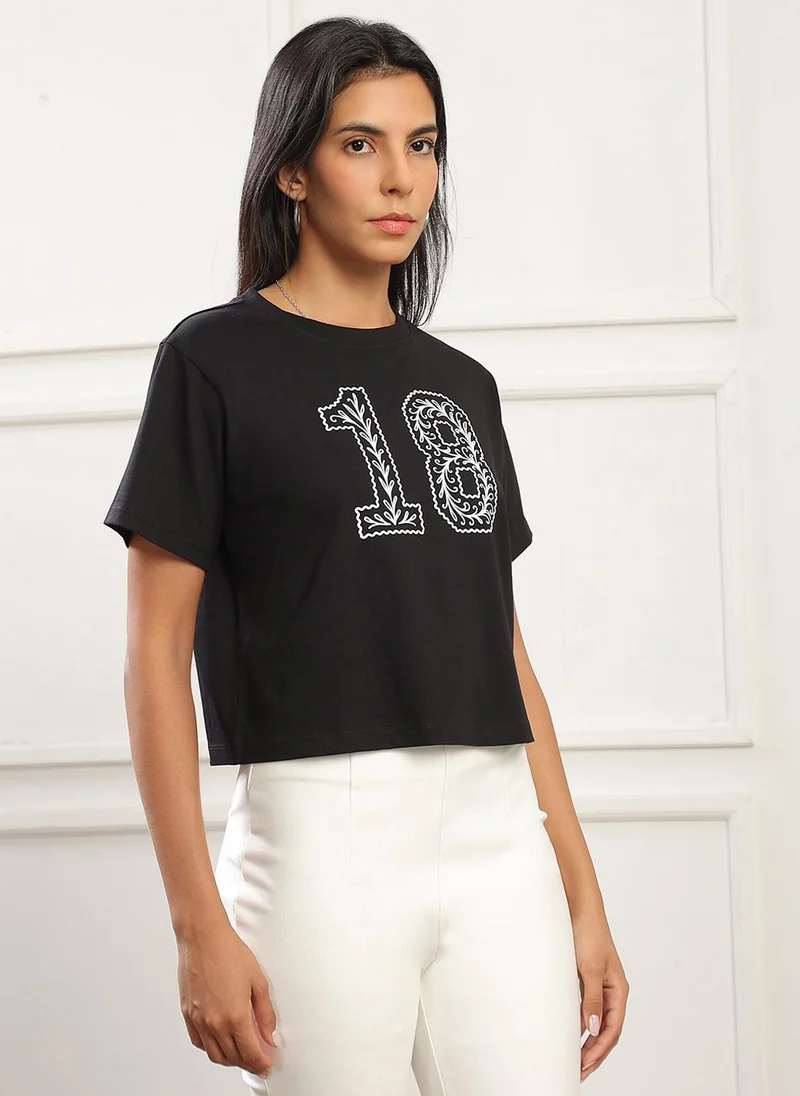 جلو باص Globus Women Black Round Neck Short Sleeves Graphic Print Boxy Fit T-Shirt