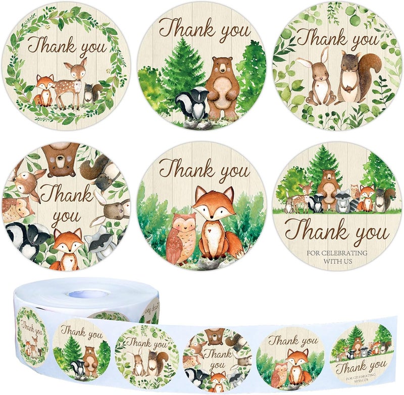 Whaline 1000Pcs Woodland Baby Shower Thank You Stickers Forest Creature Thank You Stickers Wild Animals SelfAdhesive Round Decals for Birthday Baby Shower Party Favor Labels Decor 6 Design - Image 1