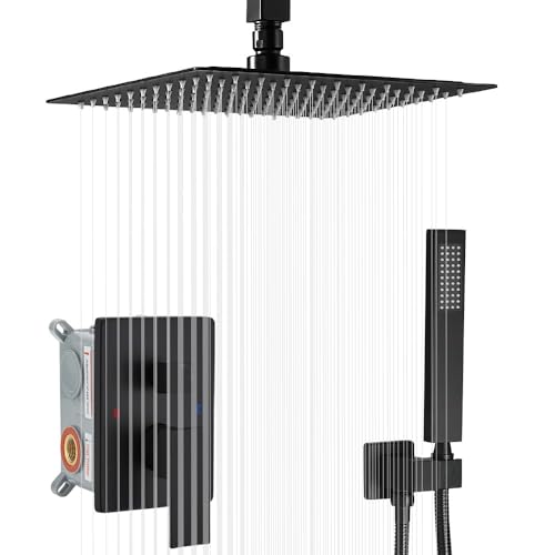 Heable Shower System Matte Black Bathroom 10 Inch Rain Shower Head Ceiling Mount with Handheld Luxury High Pressure Shower Combo Set Shower Faucet Rough-in Valve Body and Trim Included - Image 1