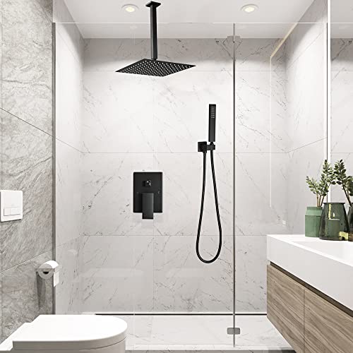 Heable Shower System Matte Black Bathroom 10 Inch Rain Shower Head Ceiling Mount with Handheld Luxury High Pressure Shower Combo Set Shower Faucet Rough-in Valve Body and Trim Included - Image 2