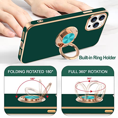 Hython for iPhone 14 Pro Max Case with Ring Stand [360° Rotatable Ring Holder Magnetic Kickstand] [Support Car Mount] Plated Gold Edge Slim Soft TPU Luxury Protective Phone Case Cover, Midnight Green - Image 4