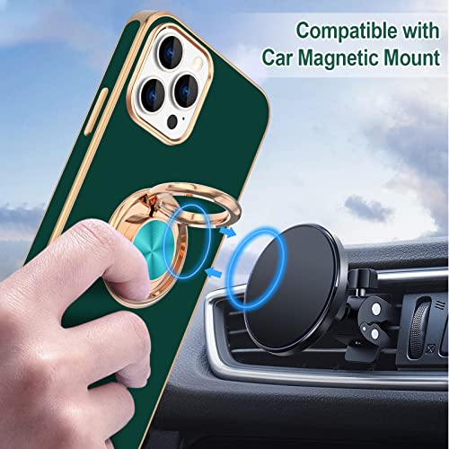 Hython for iPhone 14 Pro Max Case with Ring Stand [360° Rotatable Ring Holder Magnetic Kickstand] [Support Car Mount] Plated Gold Edge Slim Soft TPU Luxury Protective Phone Case Cover, Midnight Green - Image 5