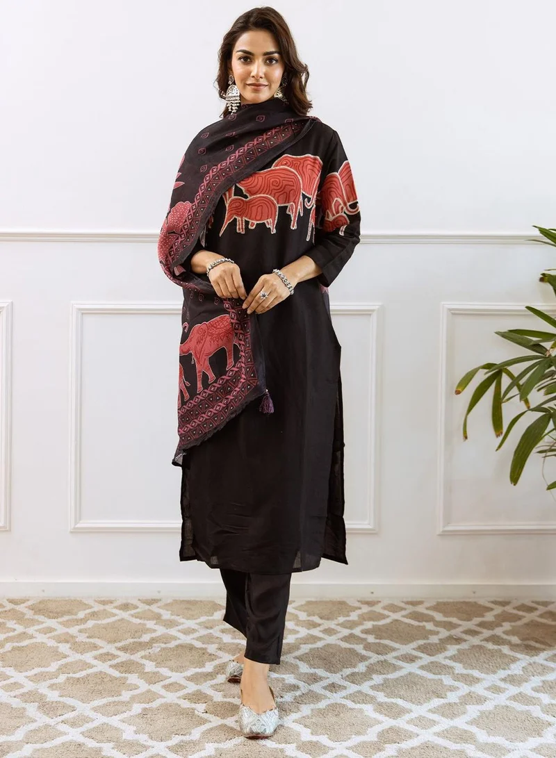 ISHIN Black Women Black Modal Muslin 3 pcs Kurta Set for Women | Best Price UAE