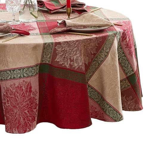 Elrene Home Fashions Prestige Poinsettia Jacquard Woven Cotton ChristmasHoliday Round Tablecloth 70x70 - Image 1