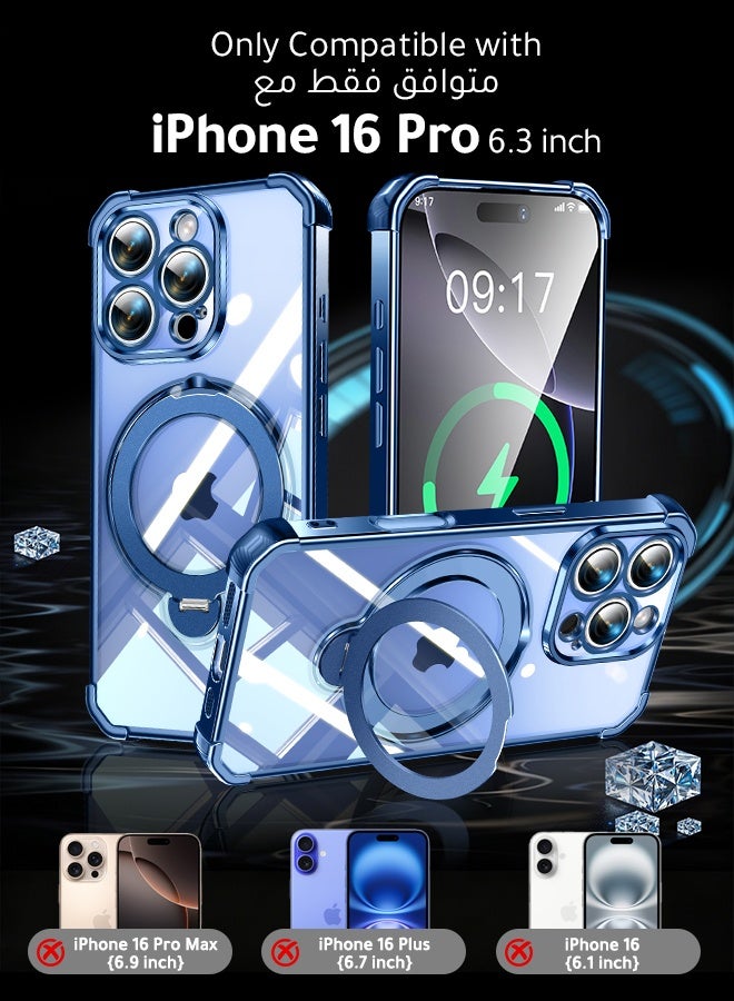 غطاء هاتف شفاف مغناطيسي لـ iPhone 16 Pro مقاس 6.3 بوصة، حامل حلقة دوارة بزاوية 360 درجة، متوافق مع MagSafe بقدرة 15 واط، حماية من السقوط بدرجة عسكرية، إطار أزرق - Image 5