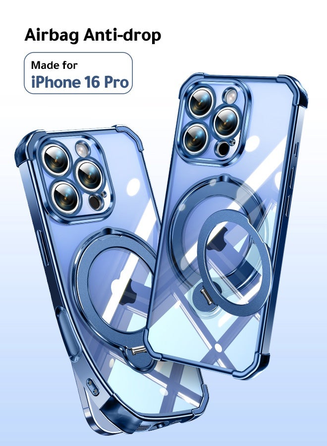 غطاء هاتف شفاف مغناطيسي لـ iPhone 16 Pro مقاس 6.3 بوصة، حامل حلقة دوارة بزاوية 360 درجة، متوافق مع MagSafe بقدرة 15 واط، حماية من السقوط بدرجة عسكرية، إطار أزرق - Image 1