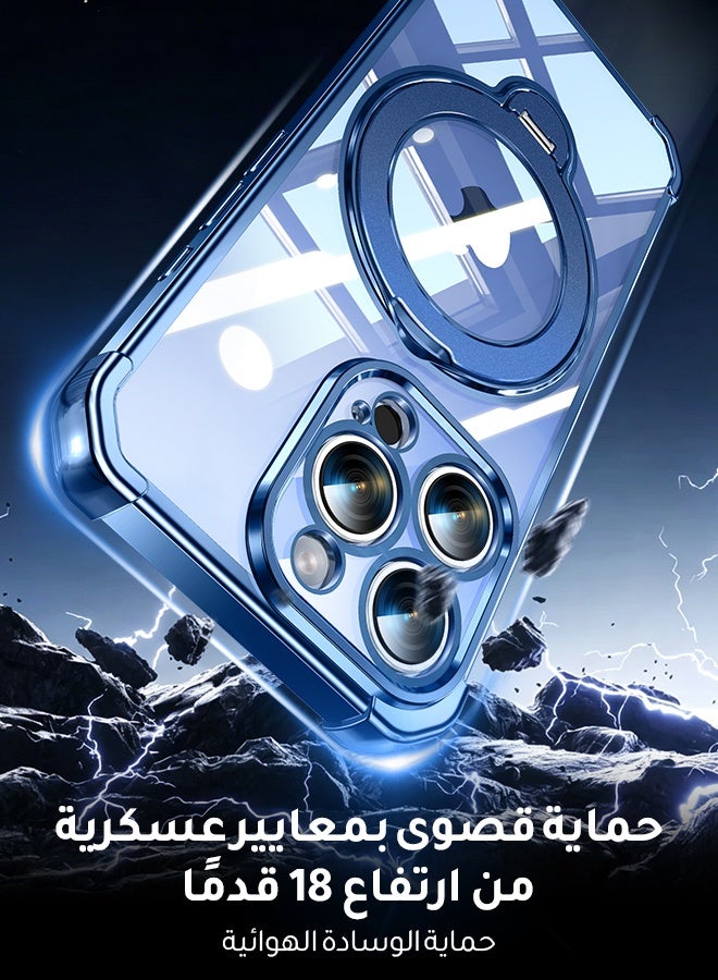 غطاء هاتف شفاف مغناطيسي لـ iPhone 16 Pro مقاس 6.3 بوصة، حامل حلقة دوارة بزاوية 360 درجة، متوافق مع MagSafe بقدرة 15 واط، حماية من السقوط بدرجة عسكرية، إطار أزرق - Image 5