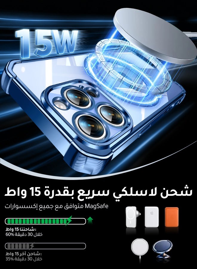 غطاء هاتف شفاف مغناطيسي لـ iPhone 16 Pro مقاس 6.3 بوصة، حامل حلقة دوارة بزاوية 360 درجة، متوافق مع MagSafe بقدرة 15 واط، حماية من السقوط بدرجة عسكرية، إطار أزرق - Image 4