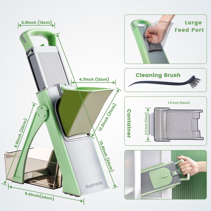 SupMaKin Upgrade Safe Mandoline Slicer for Kitchen, SupMaKin Bigger Entrance Vegetable Food Slice Potato Slicer Chopper, Adjustable Thickness Multi Mandolin, Julienne + Dicer Kitchen Must Haves Green - Image 4