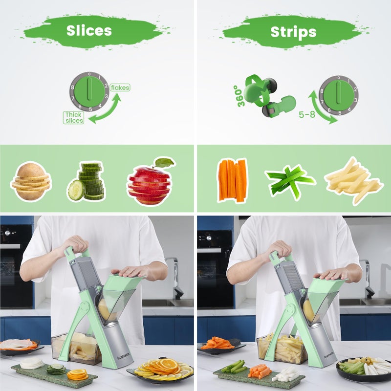 SupMaKin Upgrade Safe Mandoline Slicer for Kitchen, SupMaKin Bigger Entrance Vegetable Food Slice Potato Slicer Chopper, Adjustable Thickness Multi Mandolin, Julienne + Dicer Kitchen Must Haves Green - Image 3