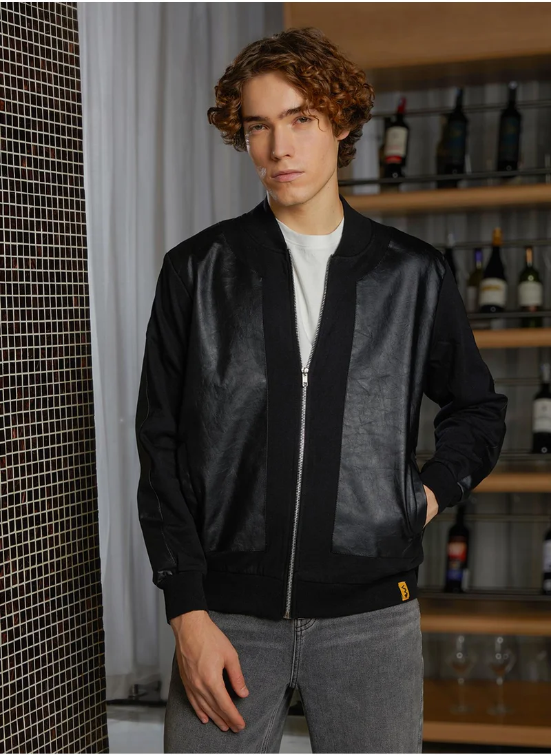 Campus Sutra Men's Onyx Black Self-Patch Bomber Jacket