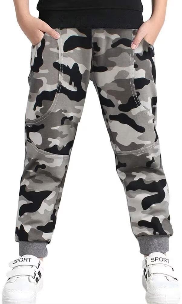 BINPAW Boys Cotton Camo Printed Drawstring Jogger Sweatpants with Pockets, Camo Grey, 11T-12T(11-12 Years)=Tag 160 - Image 1