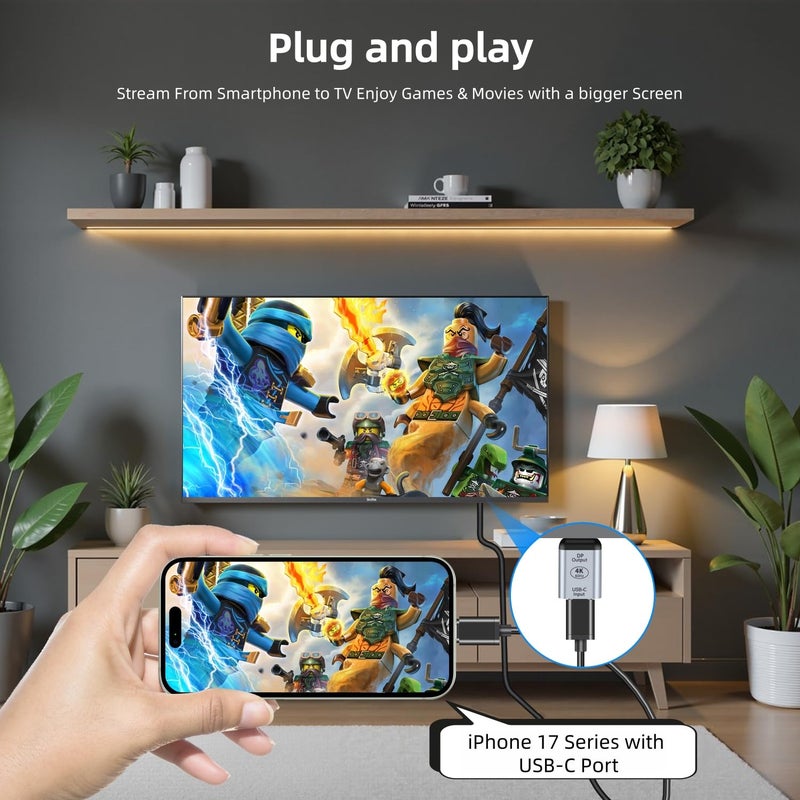 XinYaa USB C to DisplayPort Adapter with USB Video Cable, 4K@60Hz Uni-Directional USB C Female to DP Male Adapter, Thunderbolt 4/3 to DP Converter Compatible with i-/Phone 17, Galaxy, MacBok Pro- 1 Pack - Image 4