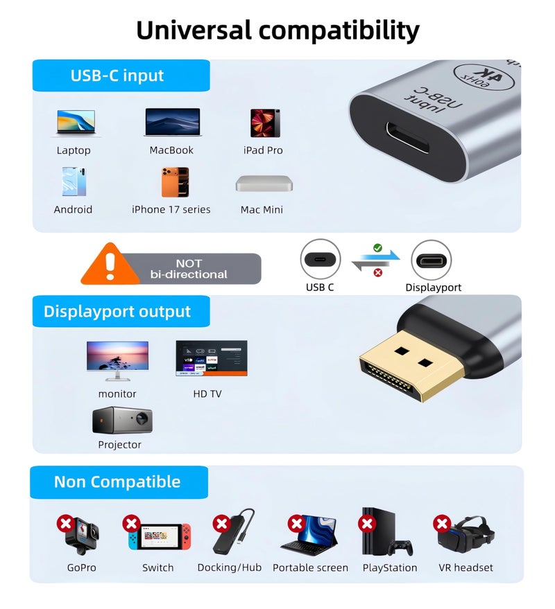 XinYaa USB C to DisplayPort Adapter with USB Video Cable, 4K@60Hz Uni-Directional USB C Female to DP Male Adapter, Thunderbolt 4/3 to DP Converter Compatible with i-/Phone 17, Galaxy, MacBok Pro- 1 Pack - Image 2