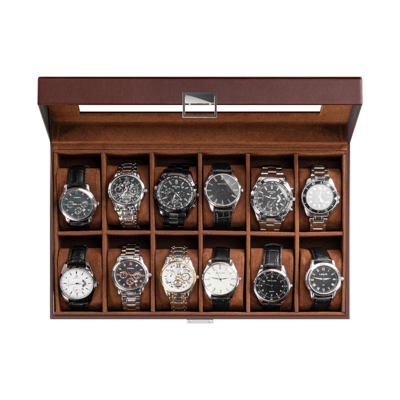 ProCase Watch Box Organizer for Men 12 Slot Watch Display Case With Glass Lid PU Leather Watch Storage Mens Watch Case Watch Holder Organizer for Men Women 12 Slot Brown