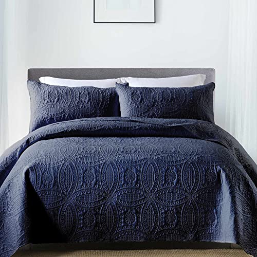 Boryard 3-Piece Quilt Set Queen, Lightweight Soft Warm Full Size Quilt Bedspread Coverlet (90x90 inches) with 2 Pillow Shams (20x26 inches), Navy Blue - Image 1