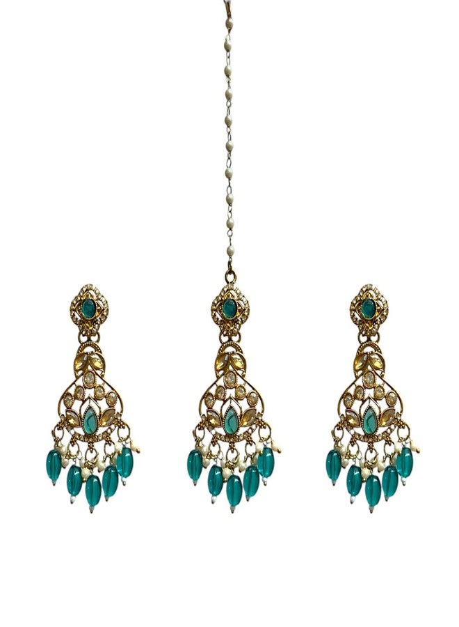 ACCESSHER AcessHer Gold-Tone Beads With American Diamond Studded Manng Tikka & Earring For Women & Girls, Traditional Jewelry for Wedding & Special Events (Blue) - Image 2