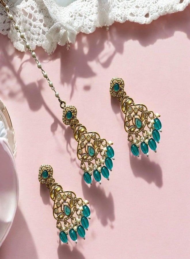 ACCESSHER AcessHer Gold-Tone Beads With American Diamond Studded Manng Tikka & Earring For Women & Girls, Traditional Jewelry for Wedding & Special Events (Blue) - Image 4
