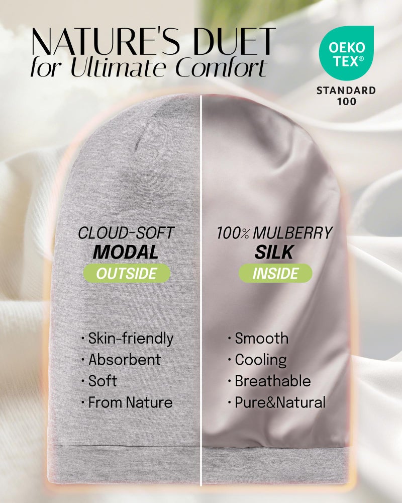 OLESILK 100% Mulberry Silk Bonnet for Sleeping Women, Silk Hair Wrap for Sleeping, Silk Sleep Bonnet for Women&Men, Real Silk, Not Satin, Light Grey - Image 2