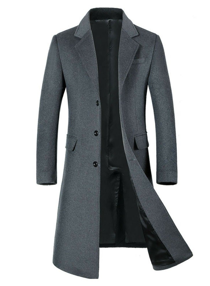 Loquat Men's Thin Woolen Casual Trench Coat Slim Fit Suit Collar Long Jacket Overcoat with Pockets Grey 