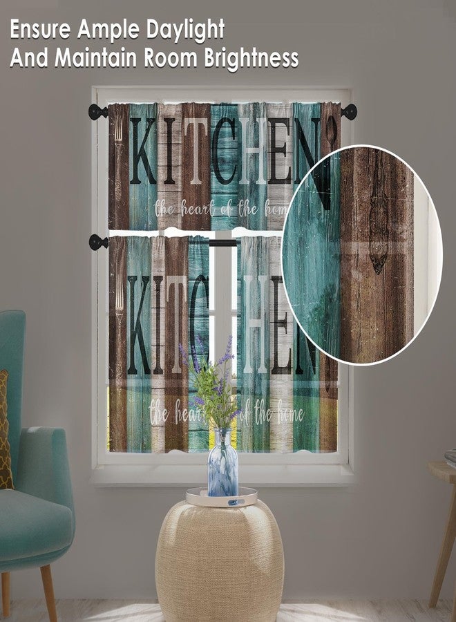 Tayney Teal and Brown Kitchen Window Curtains Valance and Tier Set 36 Inch, Rustic Farmhouse Turquoise Rod Pocket Short Tier Curtain for Bathroom, Wooden Home Small Cafe Drapes for Kitchen Decor - Image 4