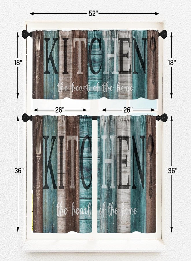 Tayney Teal and Brown Kitchen Window Curtains Valance and Tier Set 36 Inch, Rustic Farmhouse Turquoise Rod Pocket Short Tier Curtain for Bathroom, Wooden Home Small Cafe Drapes for Kitchen Decor - Image 3