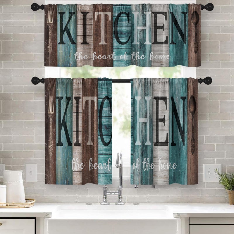 Tayney Teal and Brown Kitchen Window Curtains Valance and Tier Set 36 Inch, Rustic Farmhouse Turquoise Rod Pocket Short Tier Curtain for Bathroom, Wooden Home Small Cafe Drapes for Kitchen Decor - Image 1