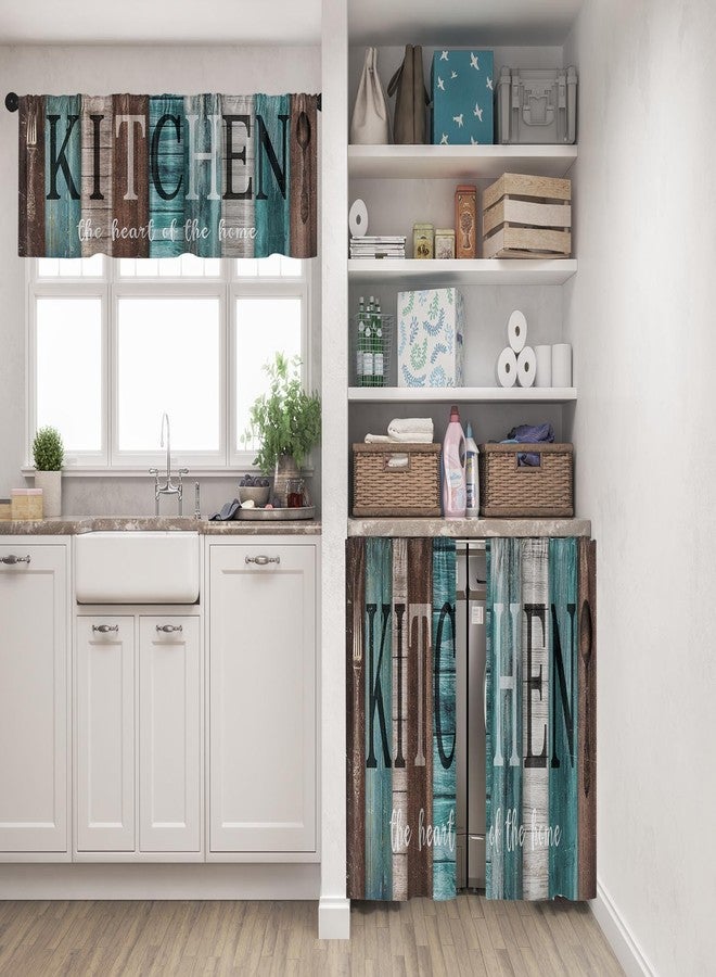 Tayney Teal and Brown Kitchen Window Curtains Valance and Tier Set 36 Inch, Rustic Farmhouse Turquoise Rod Pocket Short Tier Curtain for Bathroom, Wooden Home Small Cafe Drapes for Kitchen Decor - Image 2