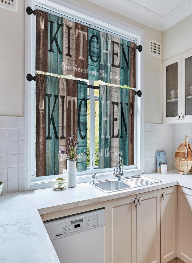 Tayney Teal and Brown Kitchen Window Curtains Valance and Tier Set 36 Inch, Rustic Farmhouse Turquoise Rod Pocket Short Tier Curtain for Bathroom, Wooden Home Small Cafe Drapes for Kitchen Decor - Image 5