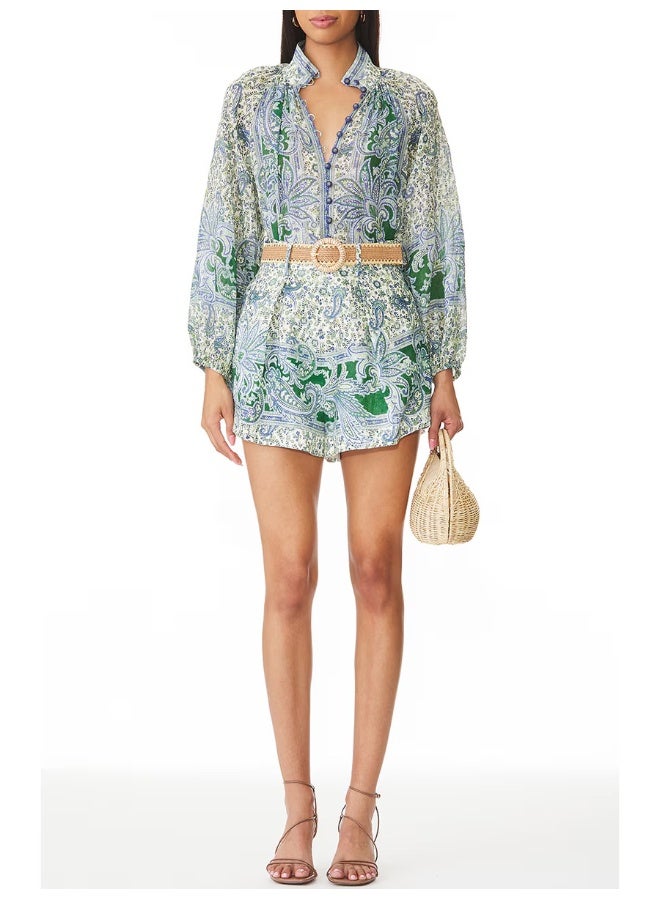 Madam Uniq Bohemian Vintage Vacation Set - Stand Collar Printed Shirt and High-Waisted Shorts Two-Piece Women's Outfit - Image 1