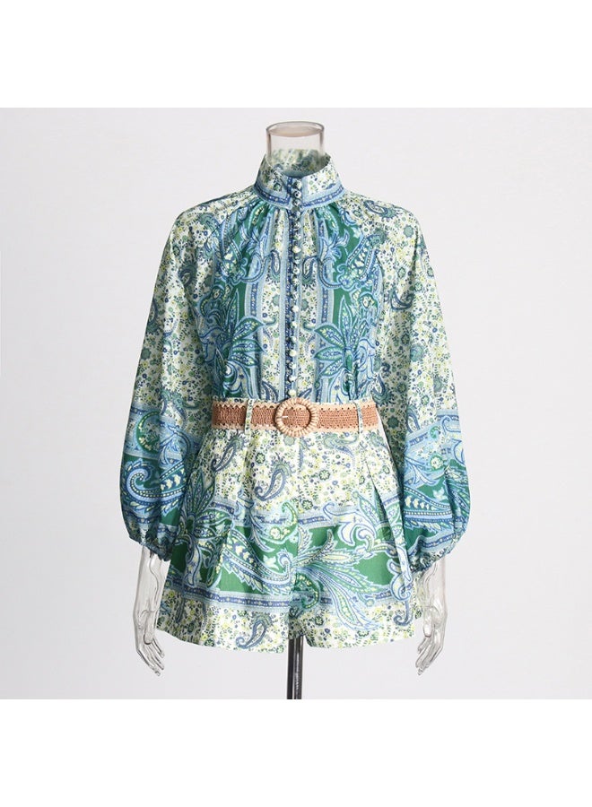 Madam Uniq Bohemian Vintage Vacation Set - Stand Collar Printed Shirt and High-Waisted Shorts Two-Piece Women's Outfit - Image 2