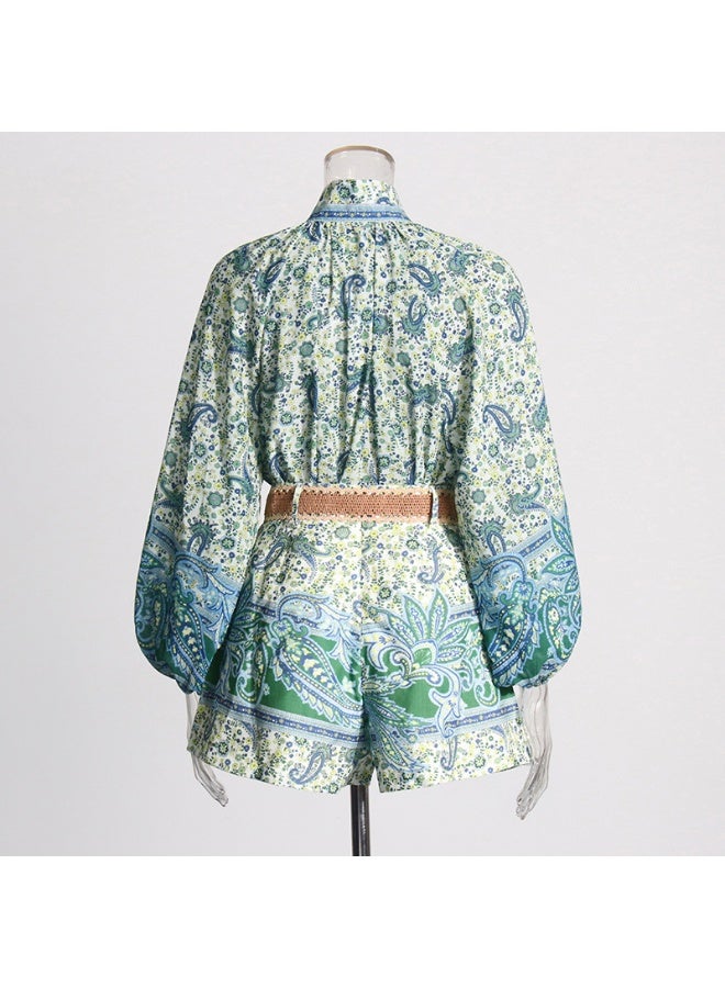 Madam Uniq Bohemian Vintage Vacation Set - Stand Collar Printed Shirt and High-Waisted Shorts Two-Piece Women's Outfit - Image 3